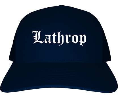 Lathrop California CA Old English Mens Trucker Hat Cap Navy Blue