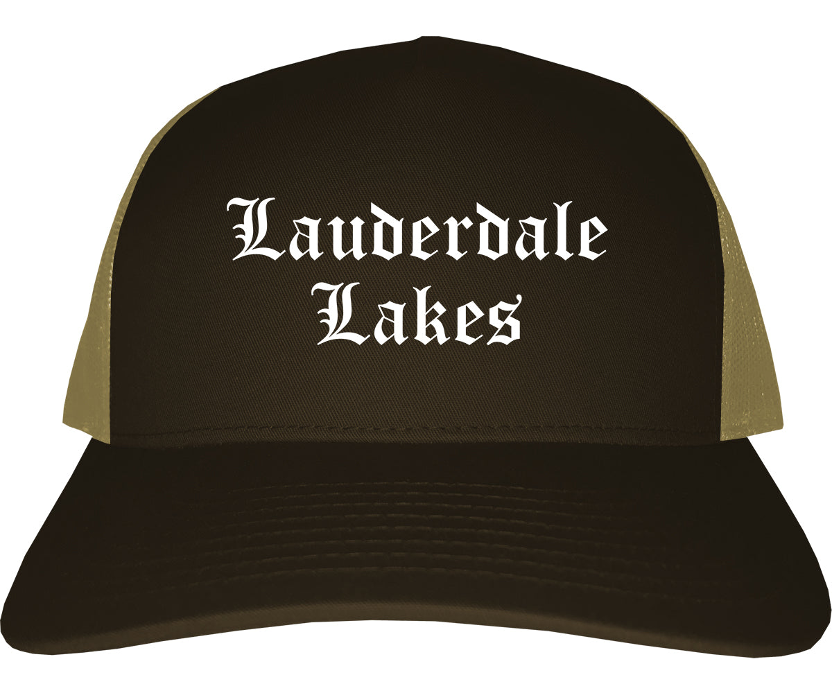 Lauderdale Lakes Florida FL Old English Mens Trucker Hat Cap Brown