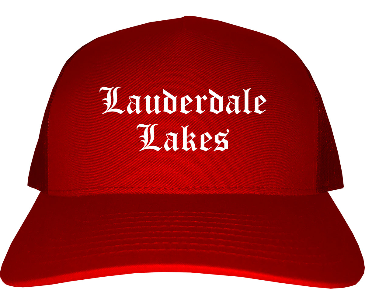 Lauderdale Lakes Florida FL Old English Mens Trucker Hat Cap Red