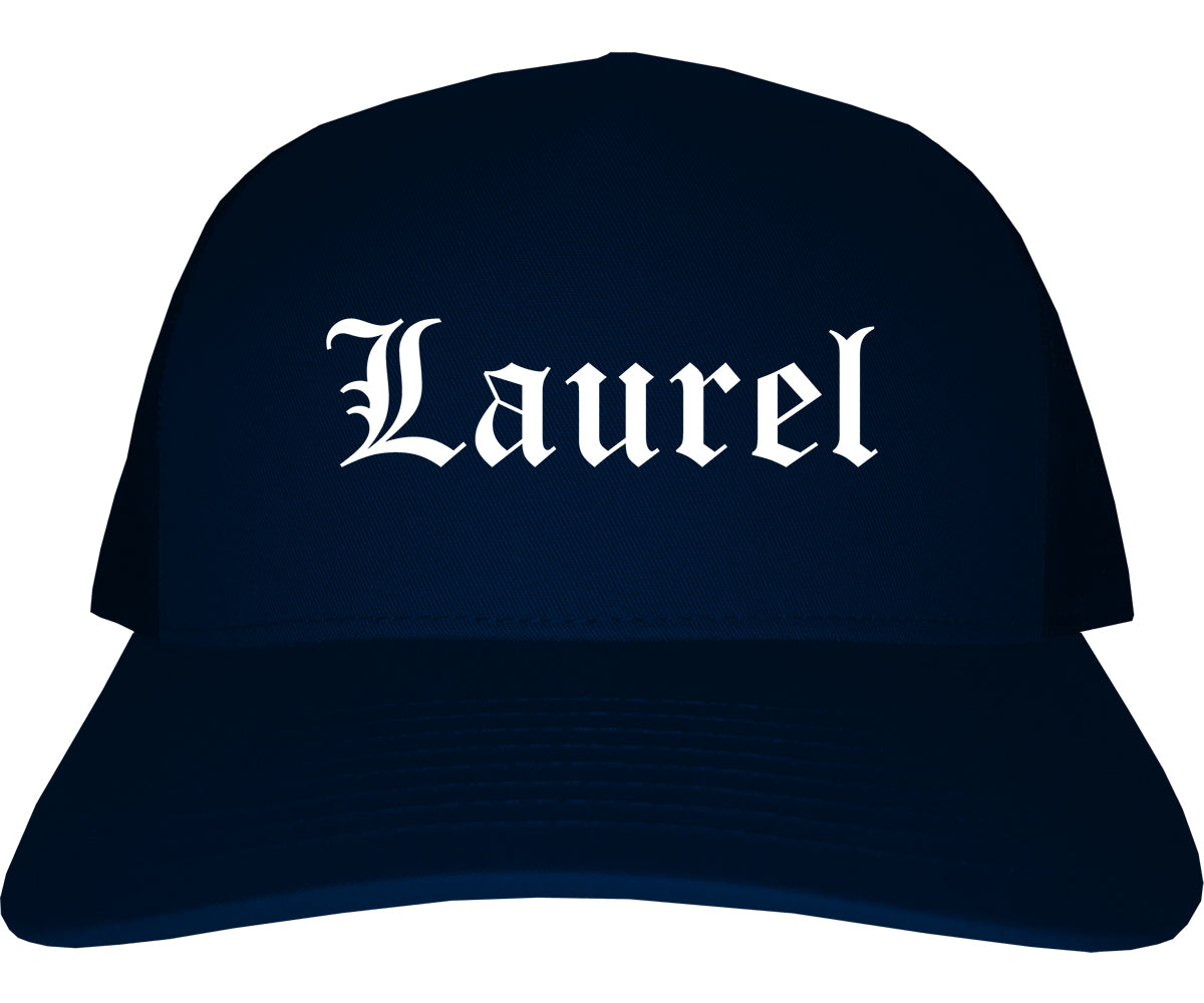 Laurel Maryland MD Old English Mens Trucker Hat Cap Navy Blue