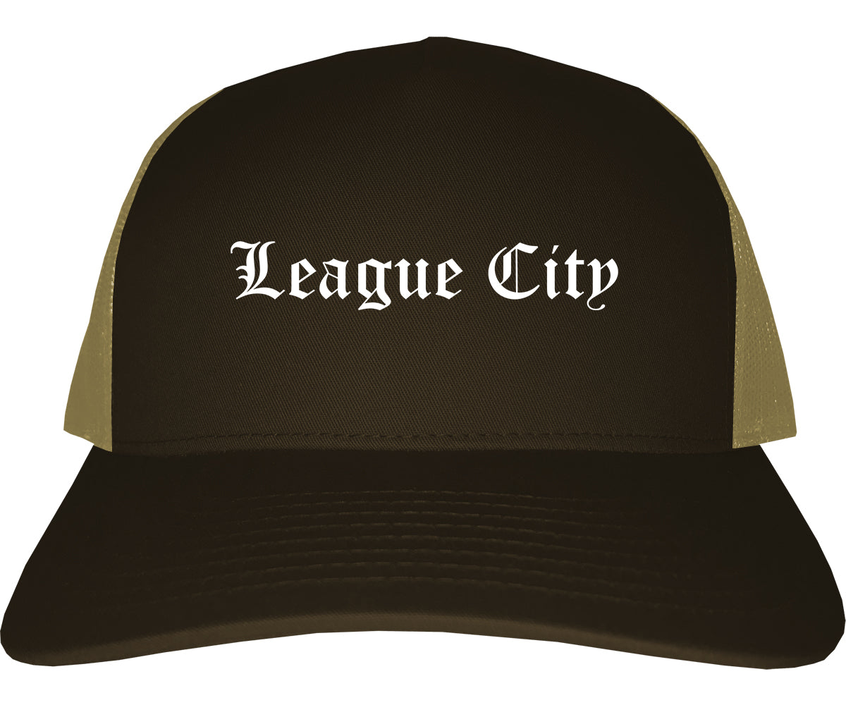 League City Texas TX Old English Mens Trucker Hat Cap Brown
