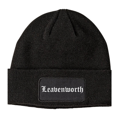 Leavenworth Kansas KS Old English Mens Knit Beanie Hat Cap Black