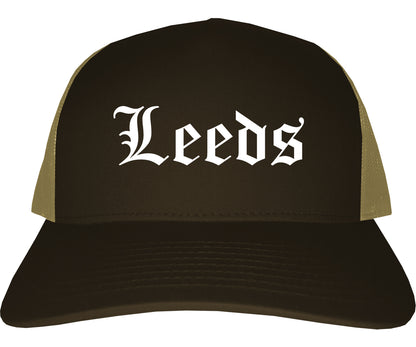 Leeds Alabama AL Old English Mens Trucker Hat Cap Brown