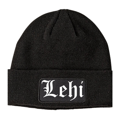 Lehi Utah UT Old English Mens Knit Beanie Hat Cap Black
