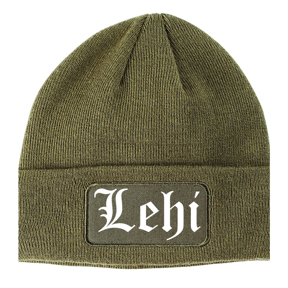 Lehi Utah UT Old English Mens Knit Beanie Hat Cap Olive Green