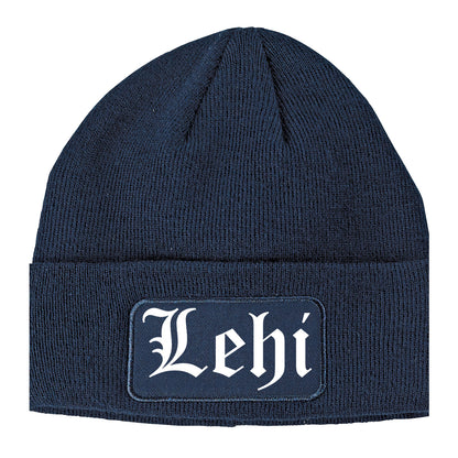 Lehi Utah UT Old English Mens Knit Beanie Hat Cap Navy Blue