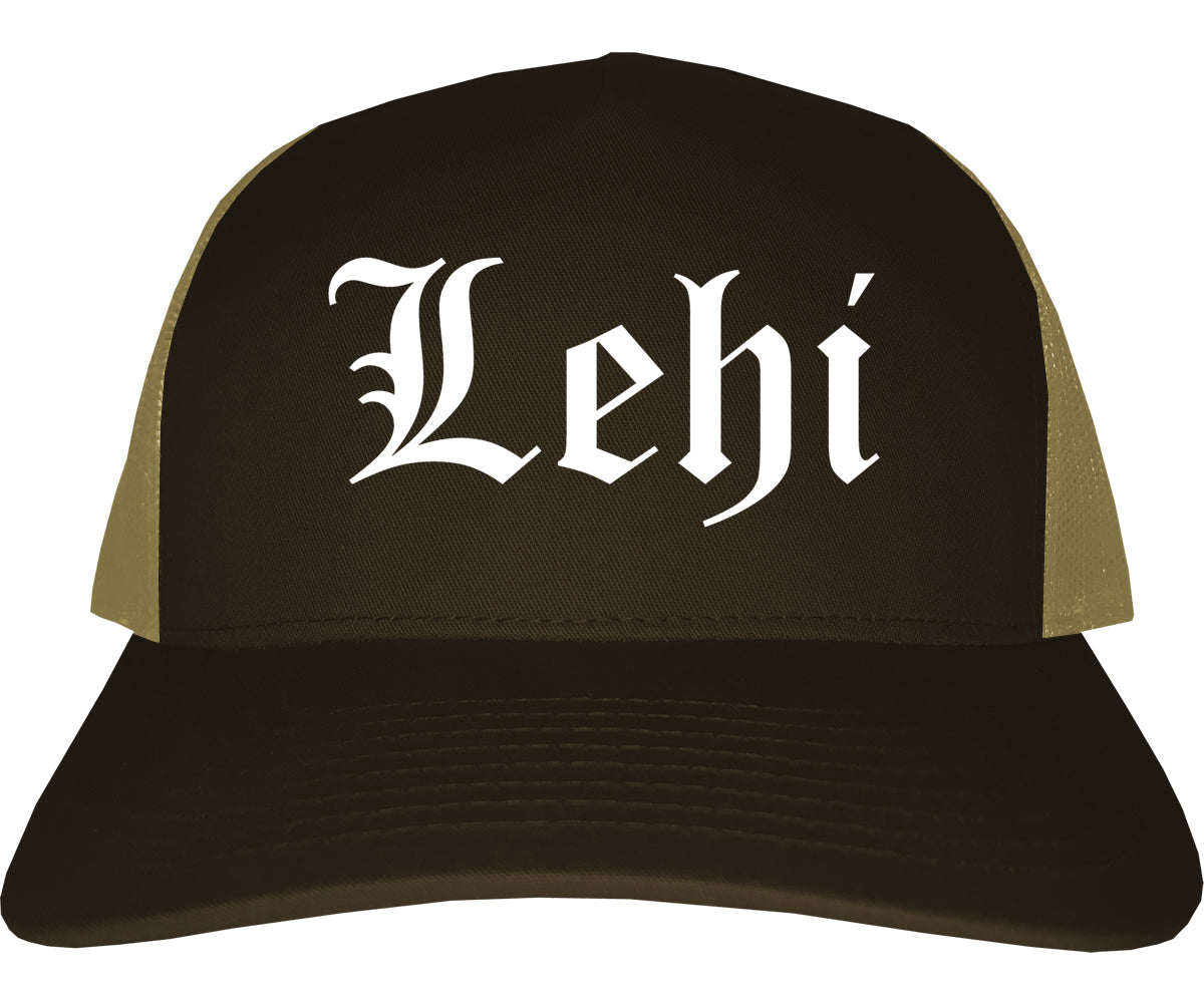 Lehi Utah UT Old English Mens Trucker Hat Cap Brown