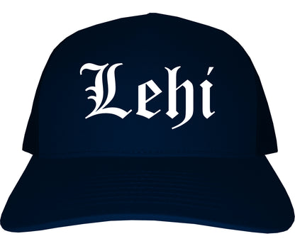 Lehi Utah UT Old English Mens Trucker Hat Cap Navy Blue