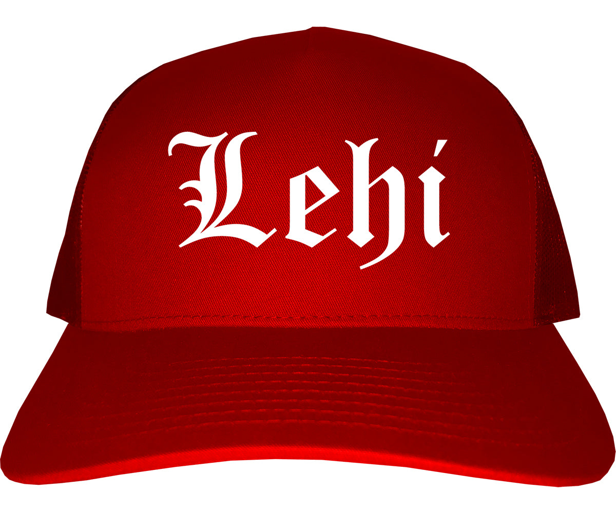 Lehi Utah UT Old English Mens Trucker Hat Cap Red
