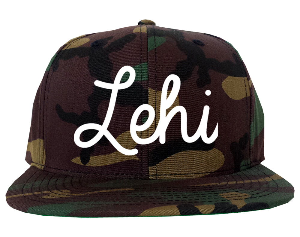 Lehi Utah UT Script Mens Snapback Hat Army Camo