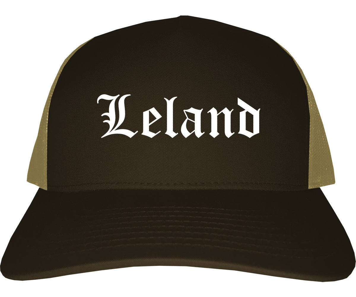 Leland North Carolina NC Old English Mens Trucker Hat Cap Brown