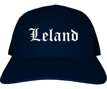 Leland North Carolina NC Old English Mens Trucker Hat Cap Navy Blue