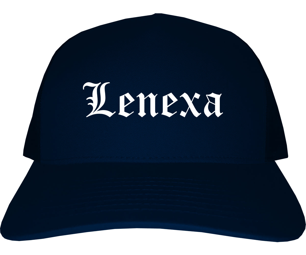 Lenexa Kansas KS Old English Mens Trucker Hat Cap Navy Blue
