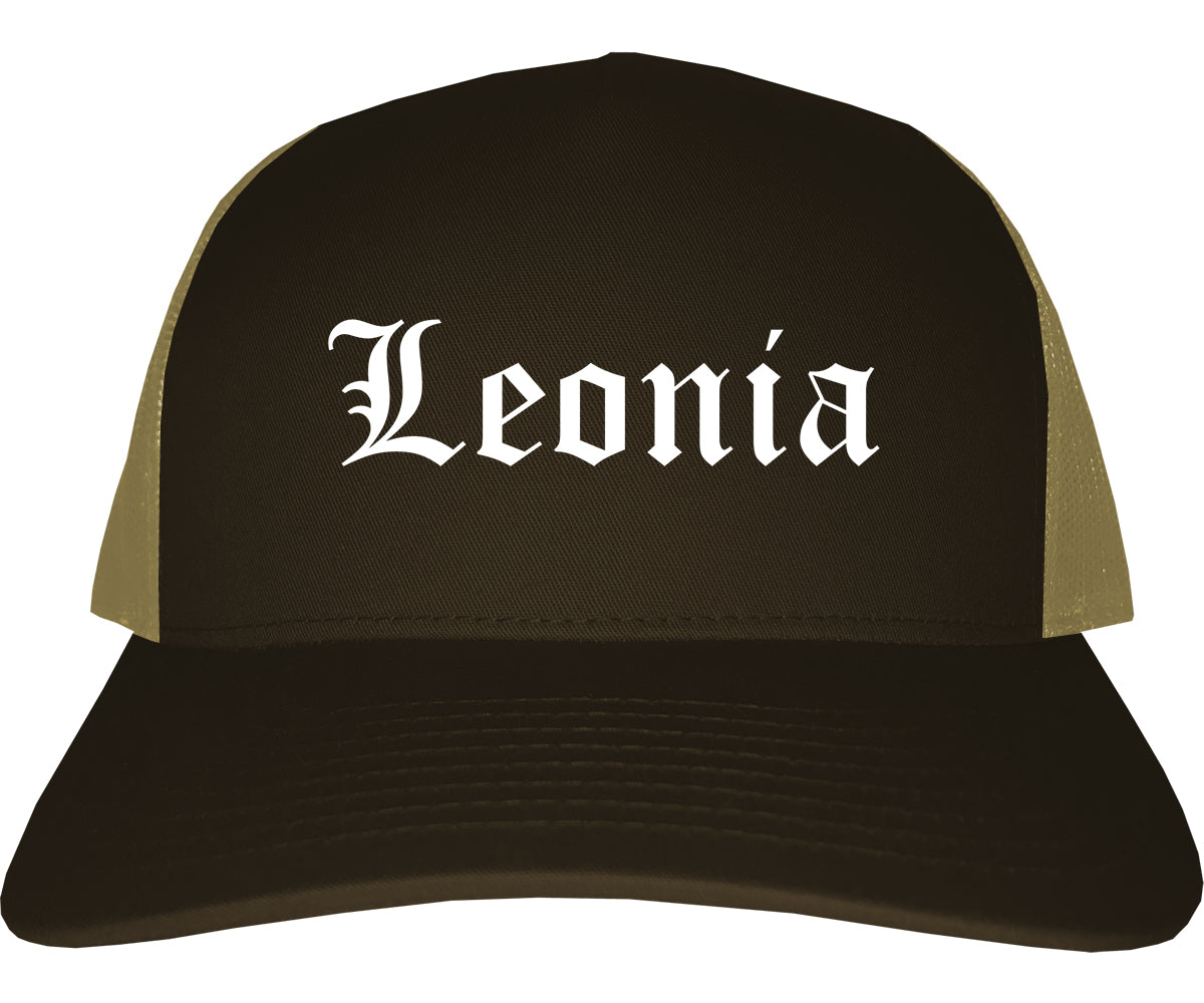 Leonia New Jersey NJ Old English Mens Trucker Hat Cap Brown
