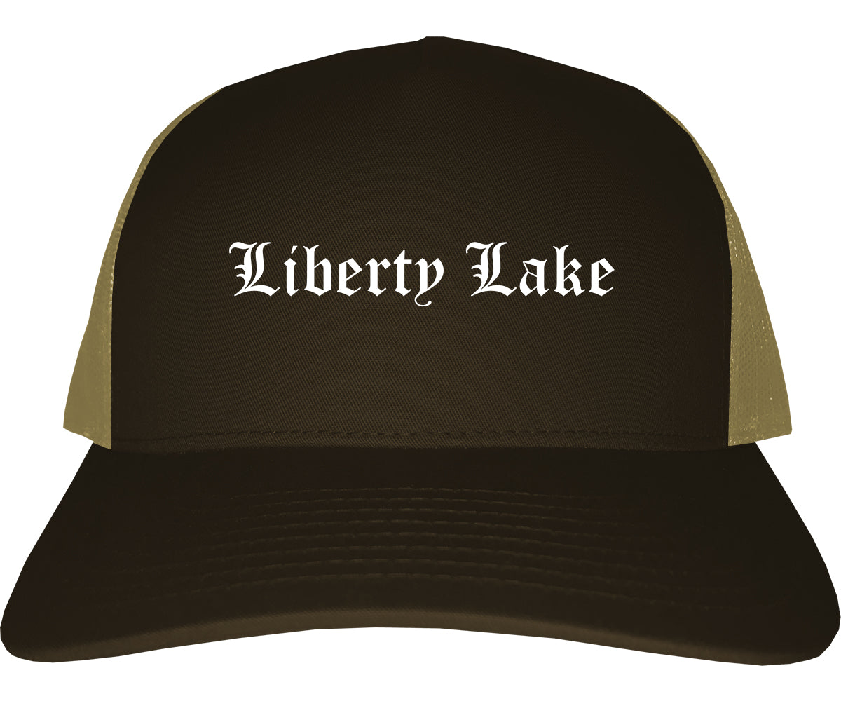 Liberty Lake Washington WA Old English Mens Trucker Hat Cap Brown