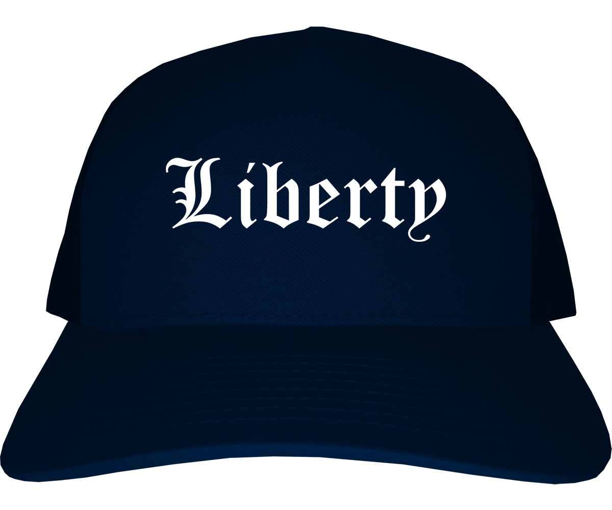 Liberty Missouri MO Old English Mens Trucker Hat Cap Navy Blue