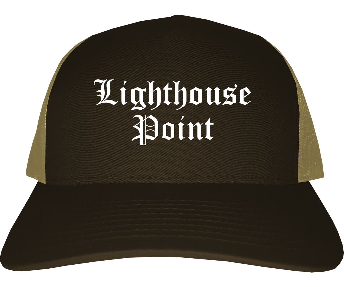 Lighthouse Point Florida FL Old English Mens Trucker Hat Cap Brown