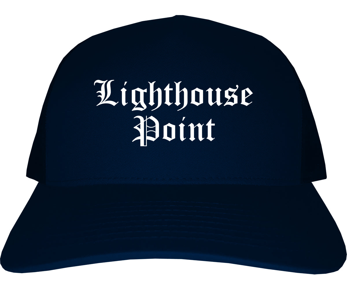 Lighthouse Point Florida FL Old English Mens Trucker Hat Cap Navy Blue