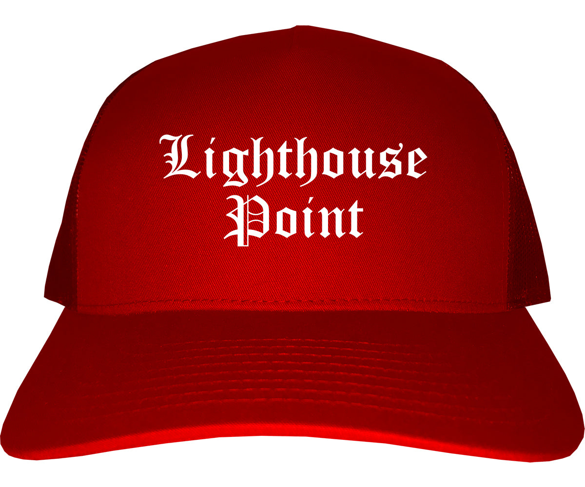 Lighthouse Point Florida FL Old English Mens Trucker Hat Cap Red