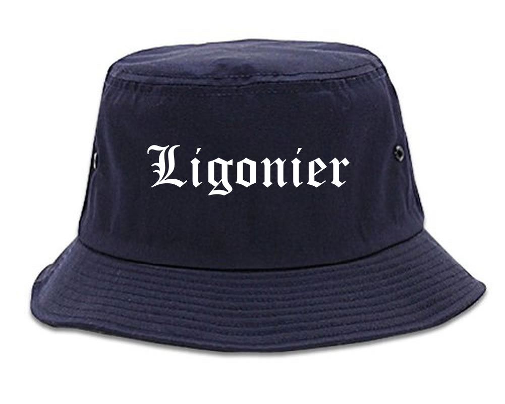 Ligonier Indiana IN Old English Mens Bucket Hat Navy Blue