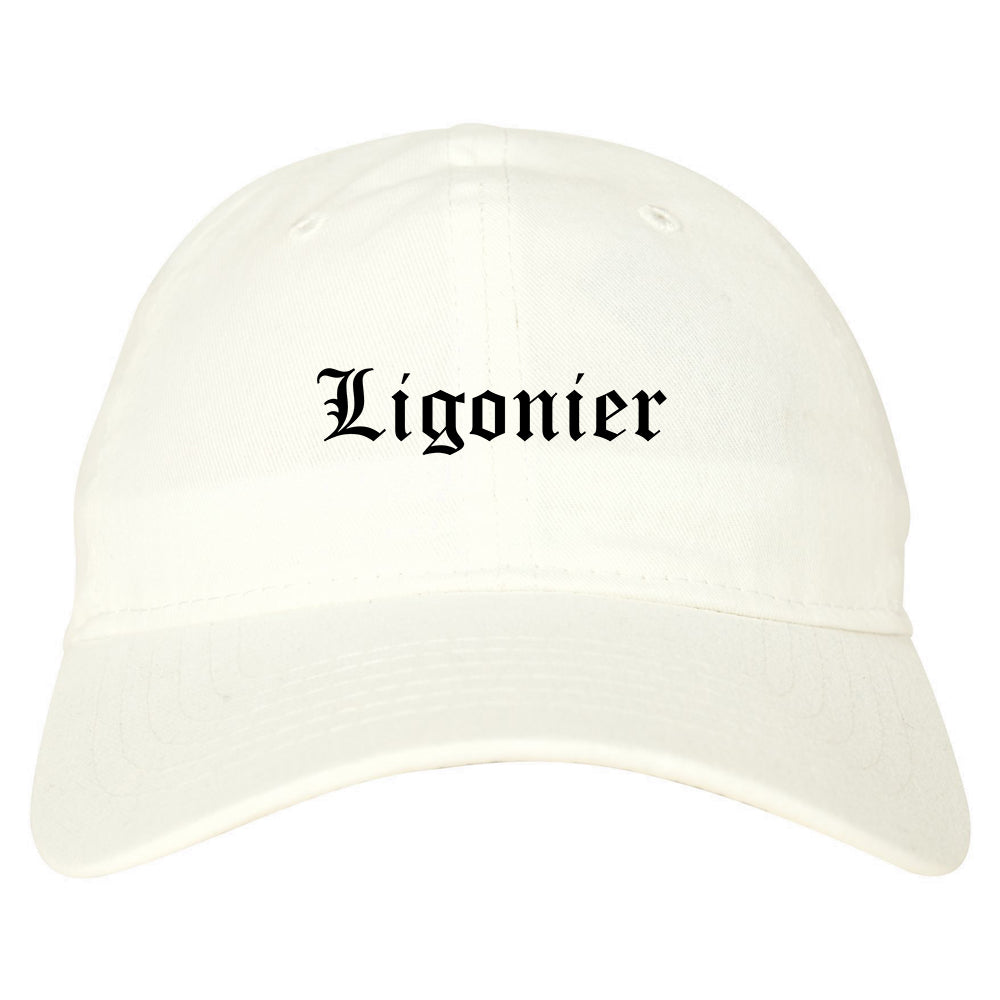 Ligonier Indiana IN Old English Mens Dad Hat Baseball Cap White