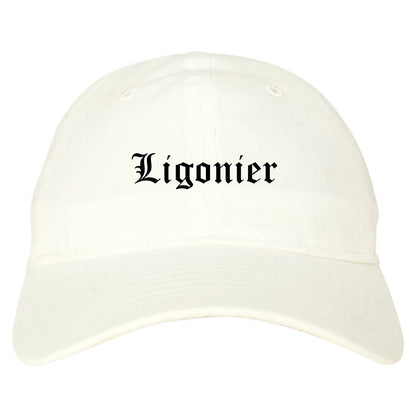 Ligonier Indiana IN Old English Mens Dad Hat Baseball Cap White