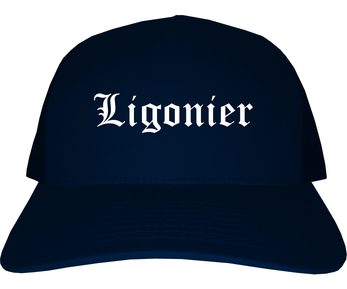 Ligonier Indiana IN Old English Mens Trucker Hat Cap Navy Blue