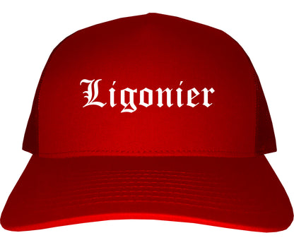 Ligonier Indiana IN Old English Mens Trucker Hat Cap Red