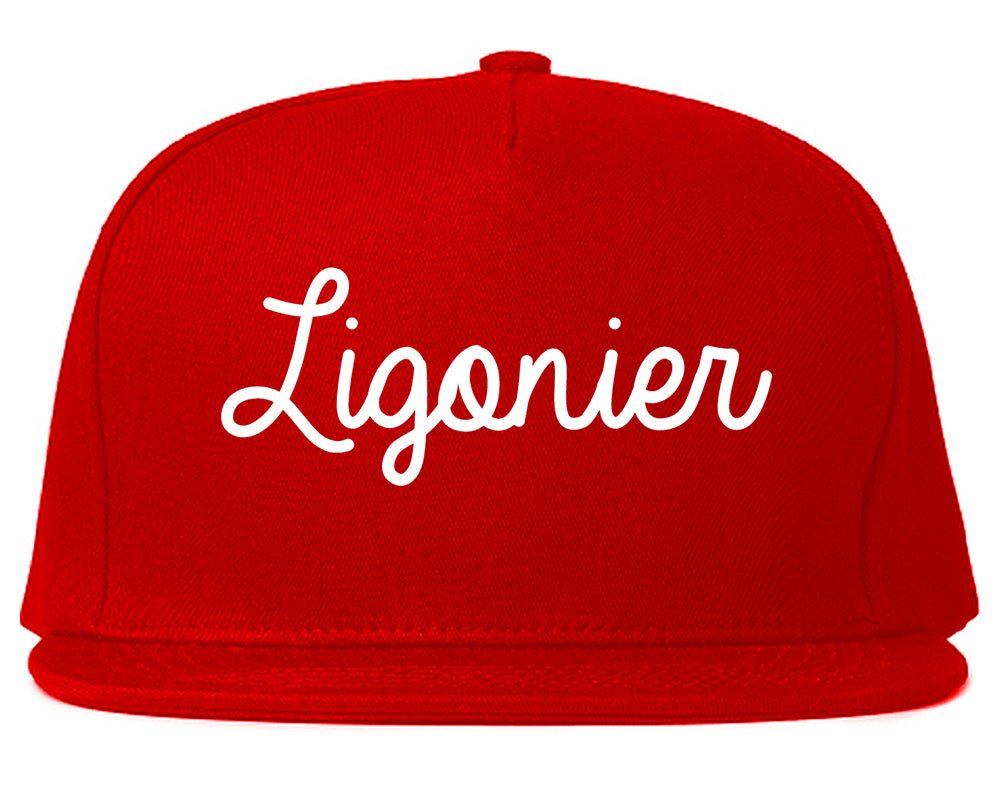 Ligonier Indiana IN Script Mens Snapback Hat Red