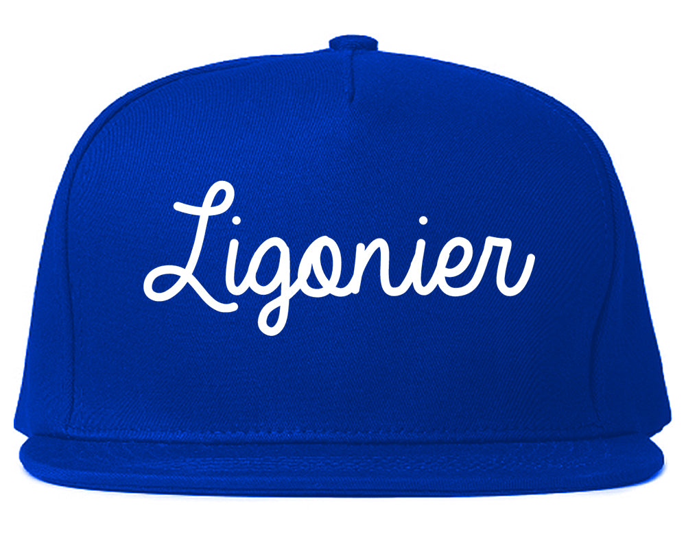 Ligonier Indiana IN Script Mens Snapback Hat Royal Blue