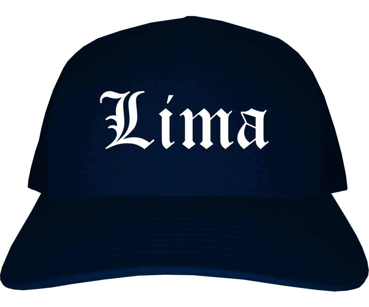 Lima Ohio OH Old English Mens Trucker Hat Cap Navy Blue