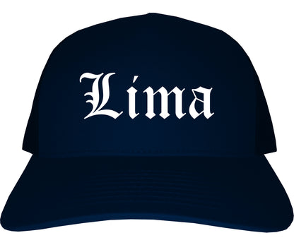 Lima Ohio OH Old English Mens Trucker Hat Cap Navy Blue