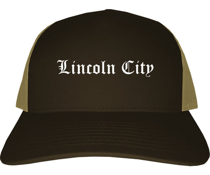Lincoln City Oregon OR Old English Mens Trucker Hat Cap Brown