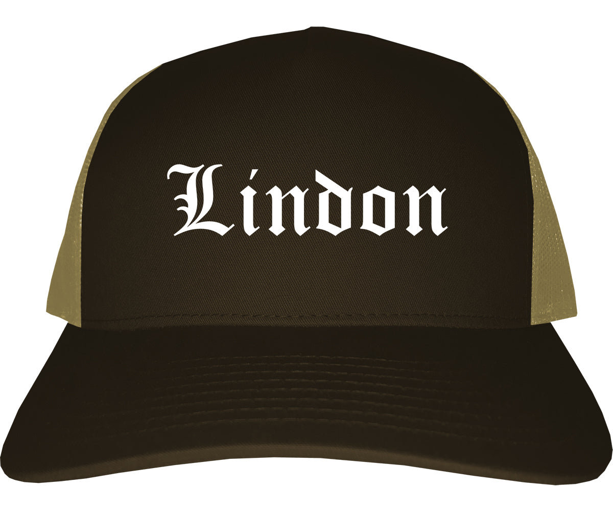 Lindon Utah UT Old English Mens Trucker Hat Cap Brown