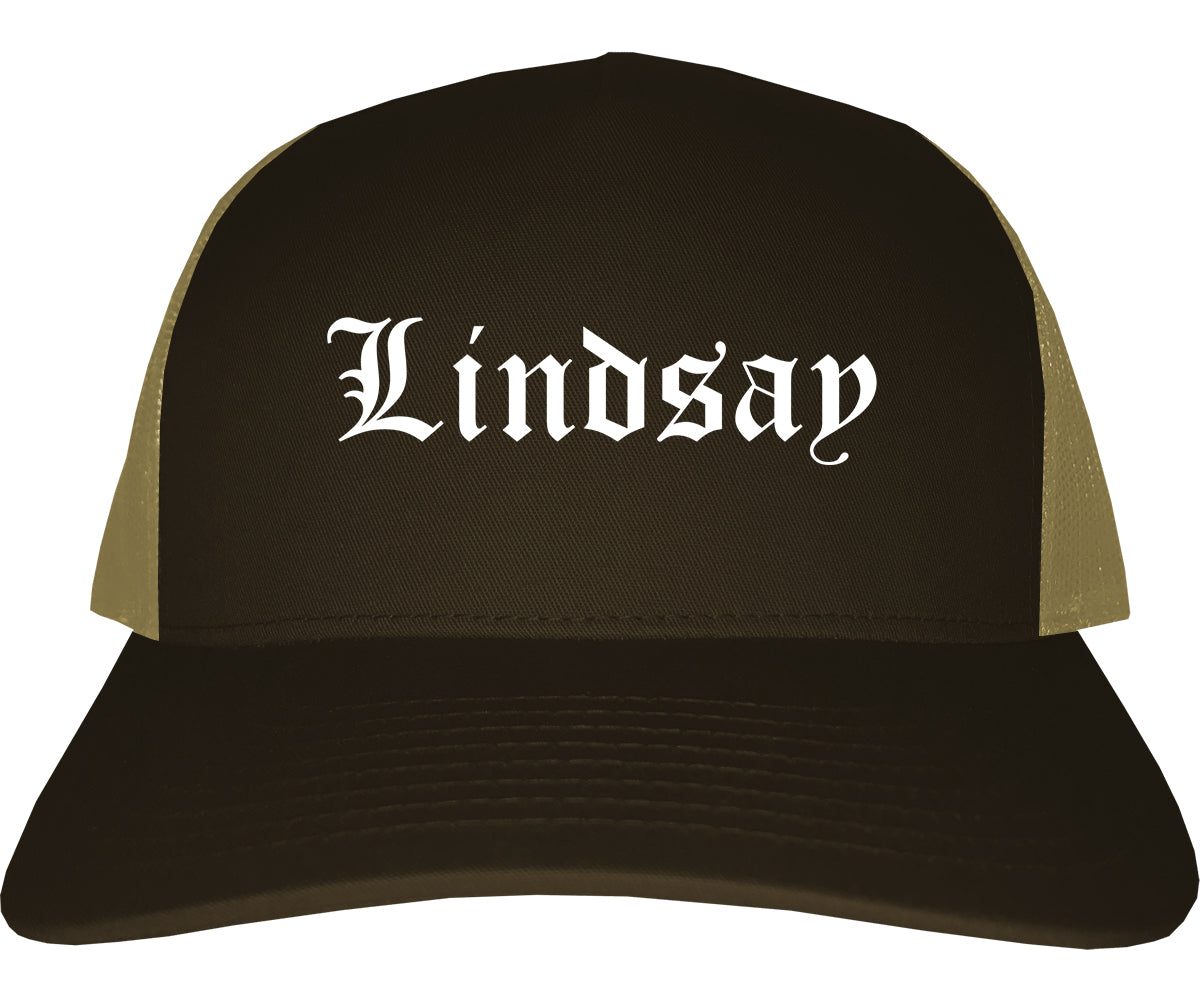 Lindsay California CA Old English Mens Trucker Hat Cap Brown