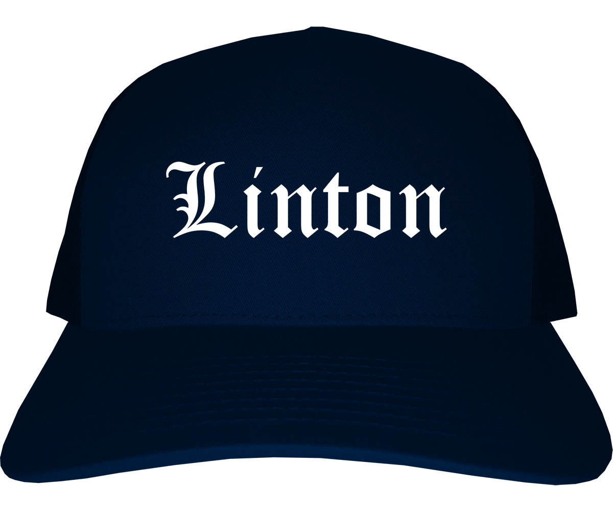 Linton Indiana IN Old English Mens Trucker Hat Cap Navy Blue