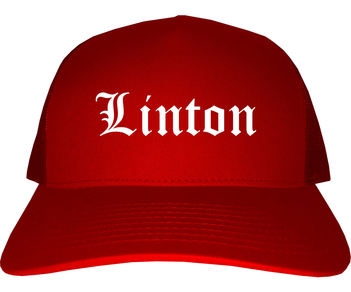 Linton Indiana IN Old English Mens Trucker Hat Cap Red