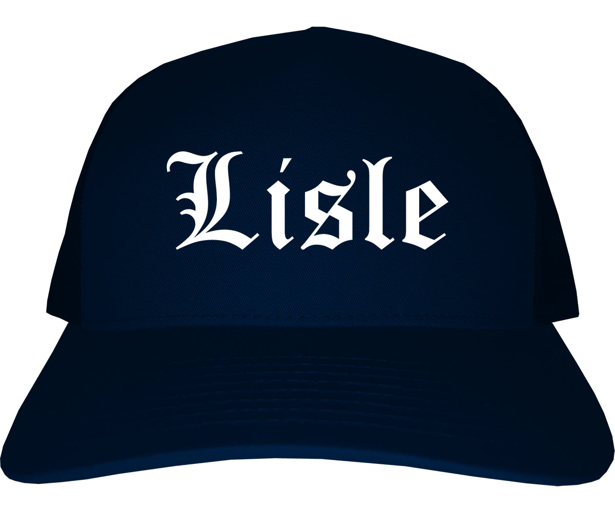 Lisle Illinois IL Old English Mens Trucker Hat Cap Navy Blue