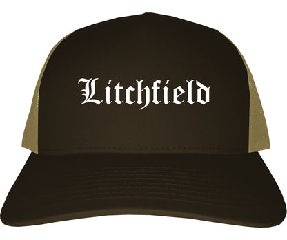 Litchfield Illinois IL Old English Mens Trucker Hat Cap Brown