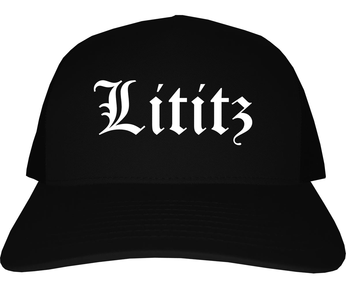 Lititz Pennsylvania PA Old English Mens Trucker Hat Cap Black