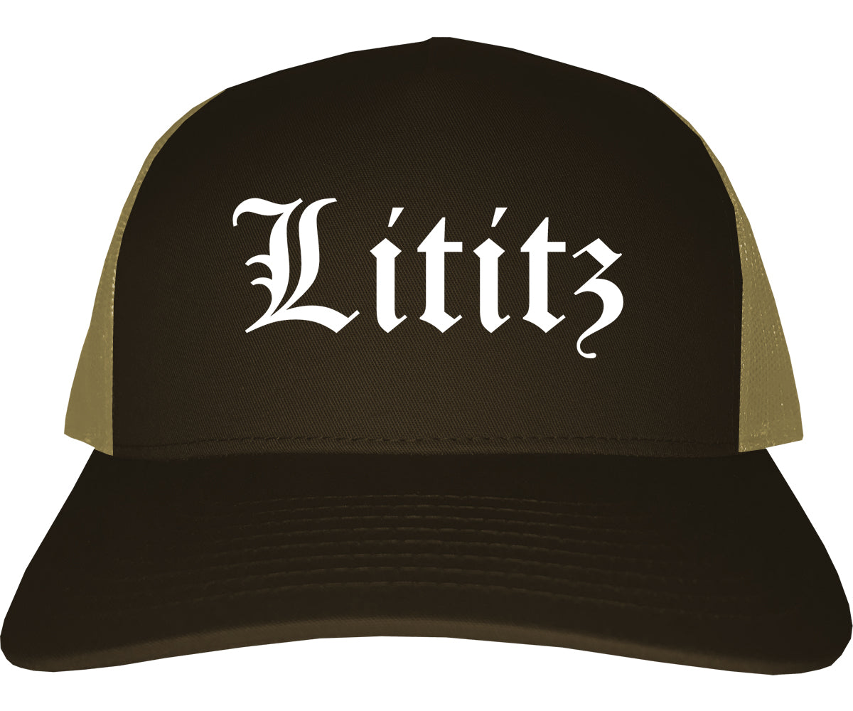 Lititz Pennsylvania PA Old English Mens Trucker Hat Cap Brown