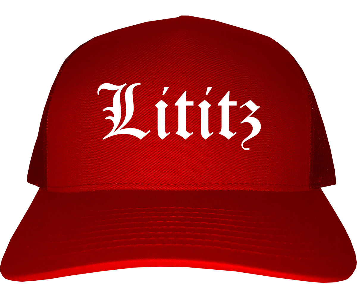 Lititz Pennsylvania PA Old English Mens Trucker Hat Cap Red