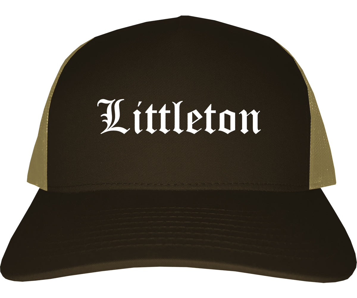 Littleton Colorado CO Old English Mens Trucker Hat Cap Brown