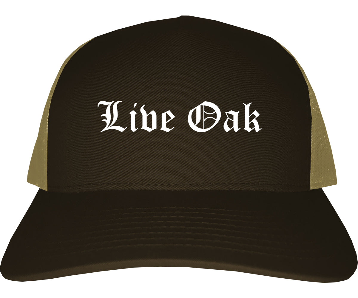 Live Oak California CA Old English Mens Trucker Hat Cap Brown