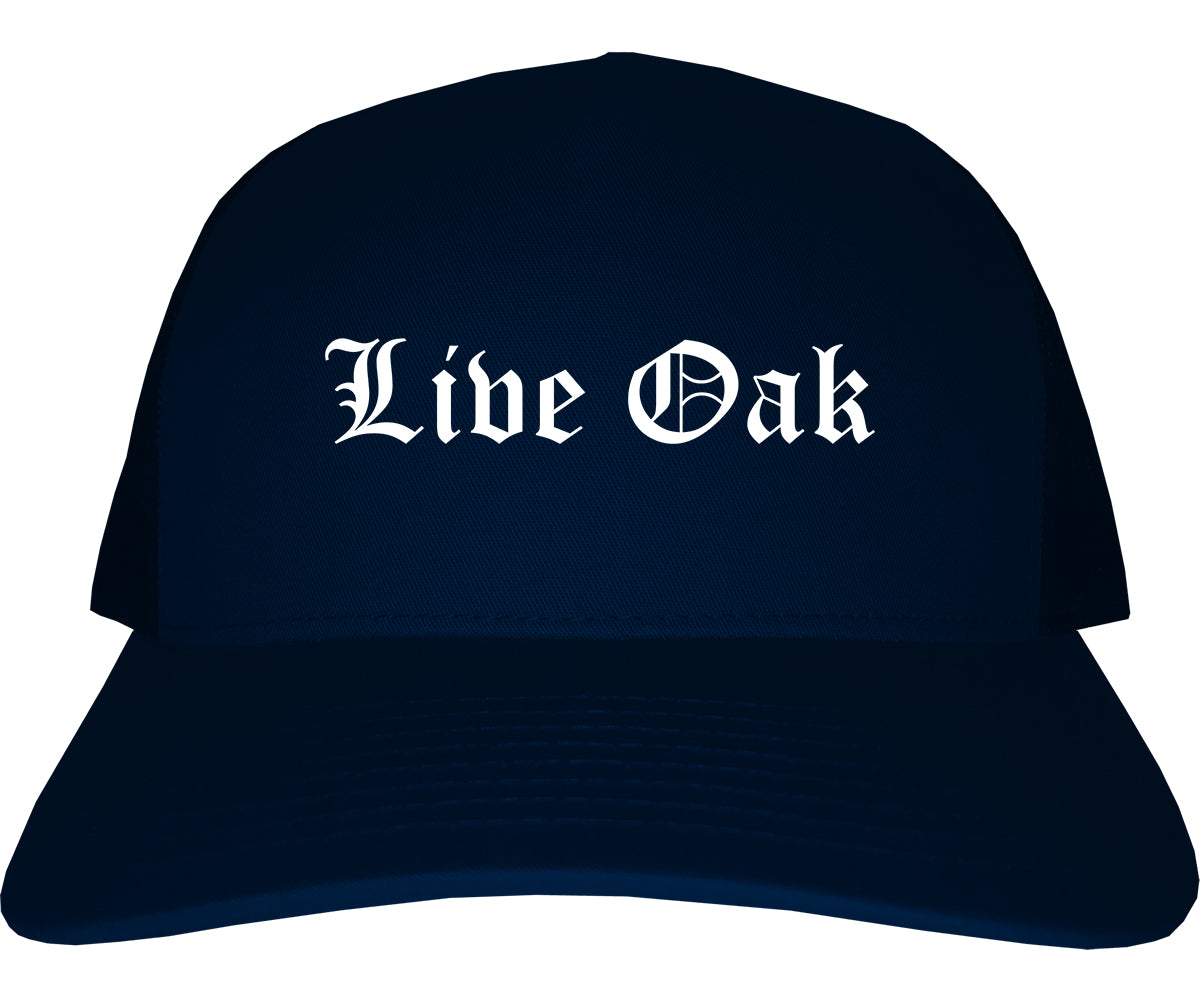 Live Oak California CA Old English Mens Trucker Hat Cap Navy Blue