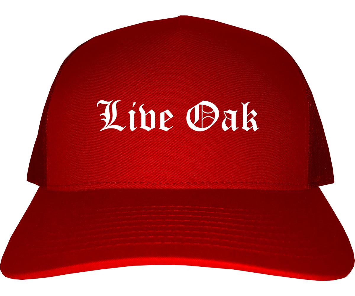 Live Oak California CA Old English Mens Trucker Hat Cap Red