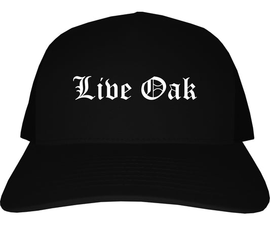 Live Oak Florida FL Old English Mens Trucker Hat Cap Black