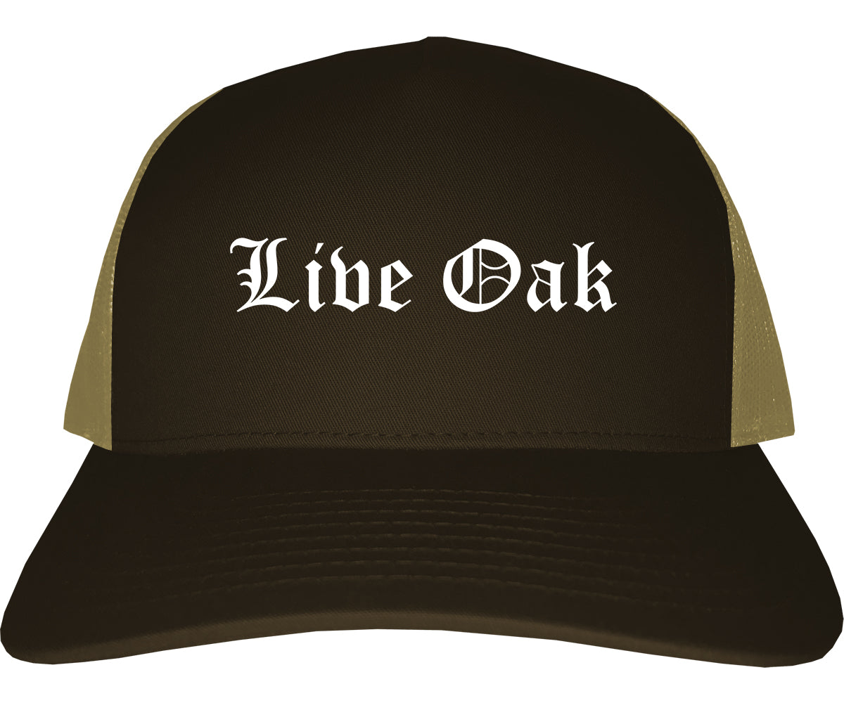 Live Oak Florida FL Old English Mens Trucker Hat Cap Brown