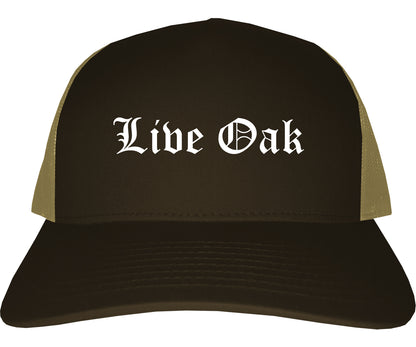 Live Oak Florida FL Old English Mens Trucker Hat Cap Brown
