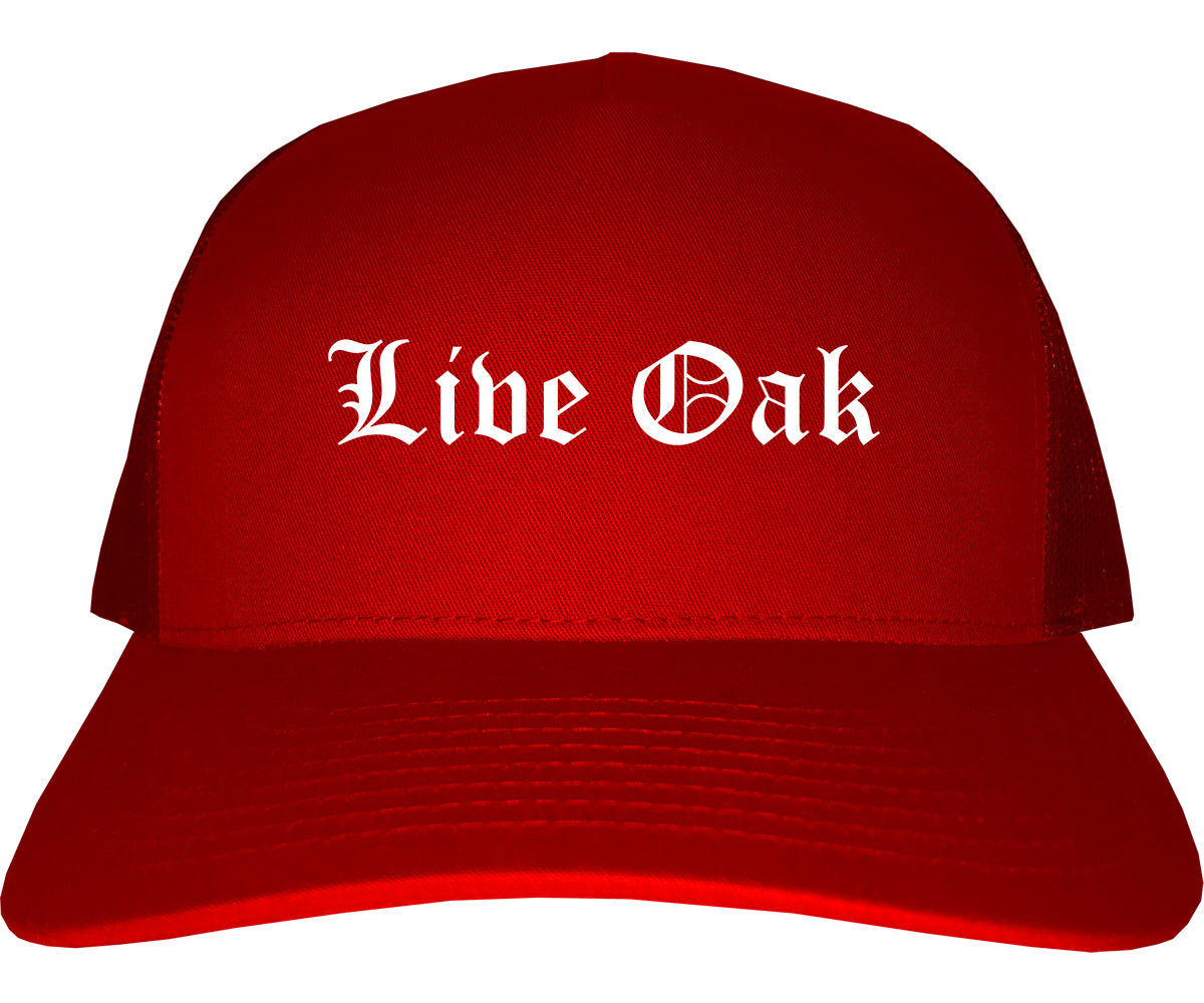 Live Oak Florida FL Old English Mens Trucker Hat Cap Red